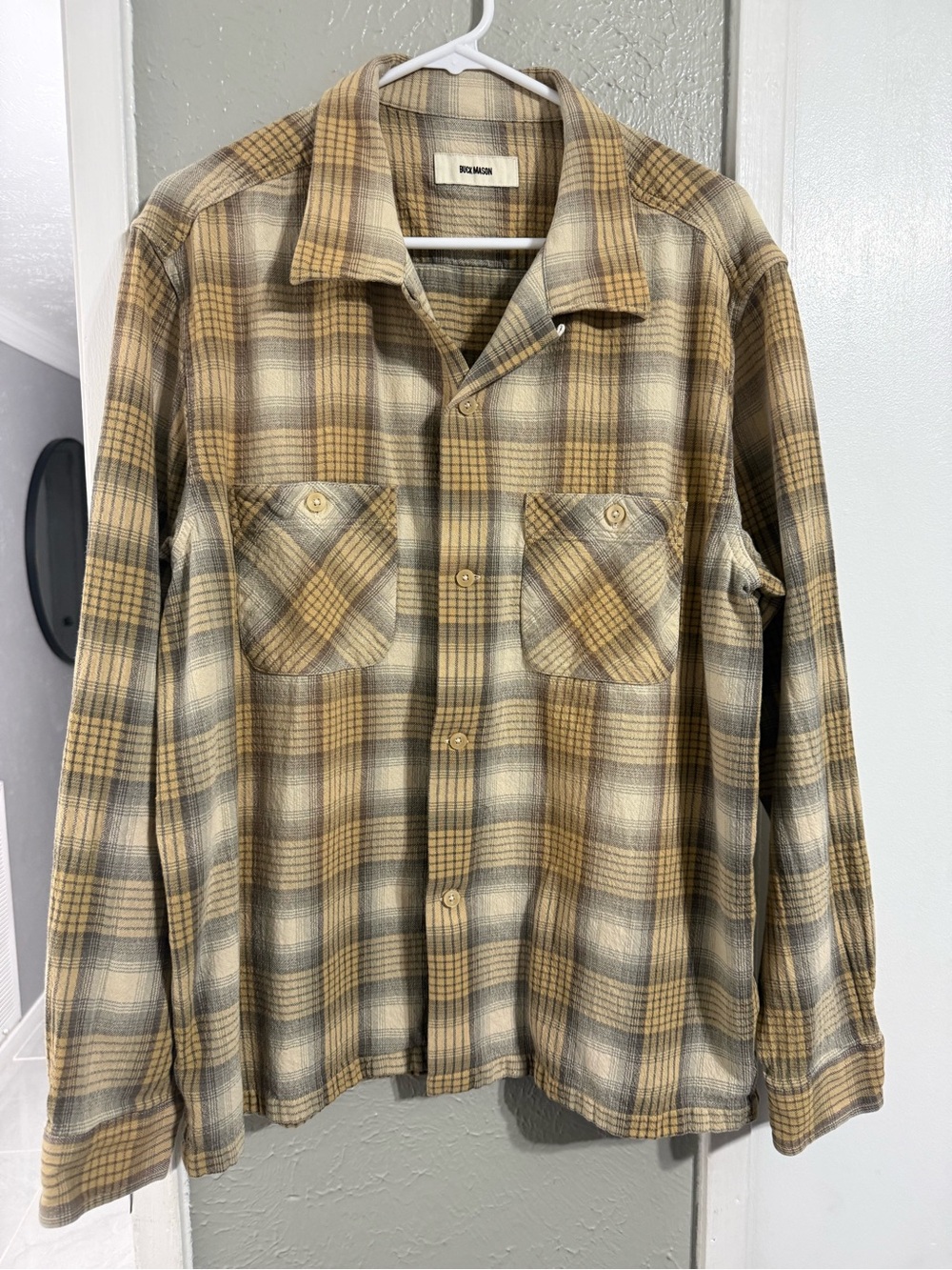 Buck Mason Beige and Gray Plaid Shirt Jacket